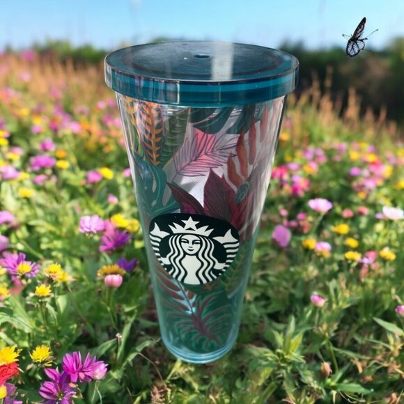 Starbucks Tropical Leaves Venti Cold Cup With Lid 24 Oz Colorful Double-Wall Acr - Picture 1 of 4